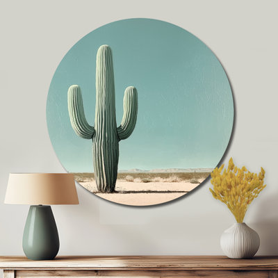 Minimalist Cactus And The Desert Sky I - Traditional Green Metal Wall Art, Cactus Round Metal Print