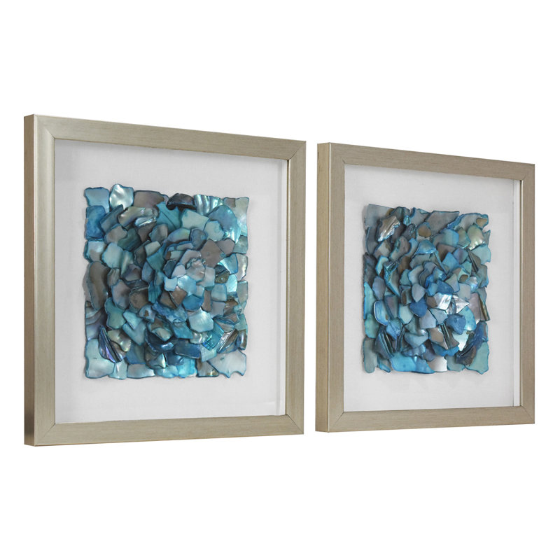 Khyzer Aqua Teal Turquoise Square Seashell Panel Wall Art Set with Champagne Frame - Handcrafted 2 Piece Vertical Coastal Wall Decor