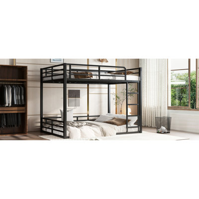 Full Xl/Full Xl Black Metal Floor Bunk Bed, Guardrails, Easy Assembly, Space - Saving Heavy Duty Dimensions, Noise Reduced, Safe For Transitioning