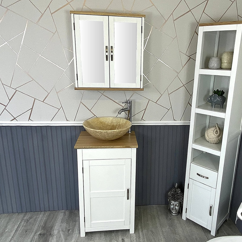 Marshburn 485mm Single Bathroom Vanity with Vessel Stone Basin, White, Beige