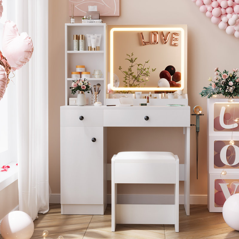 Bureau de maquillage pour coiffeuse avec miroir, fauteuil, 2 tiroirs, 3 ampoules à modes de couleur réglables