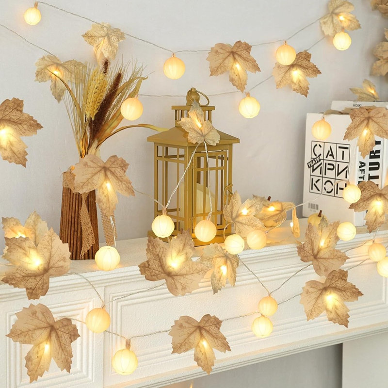 Paquet de 3 guirlandes d'automne avec lumières de citrouille et érable feuilles 30 pi 60LED à piles pour les décorations d'automne