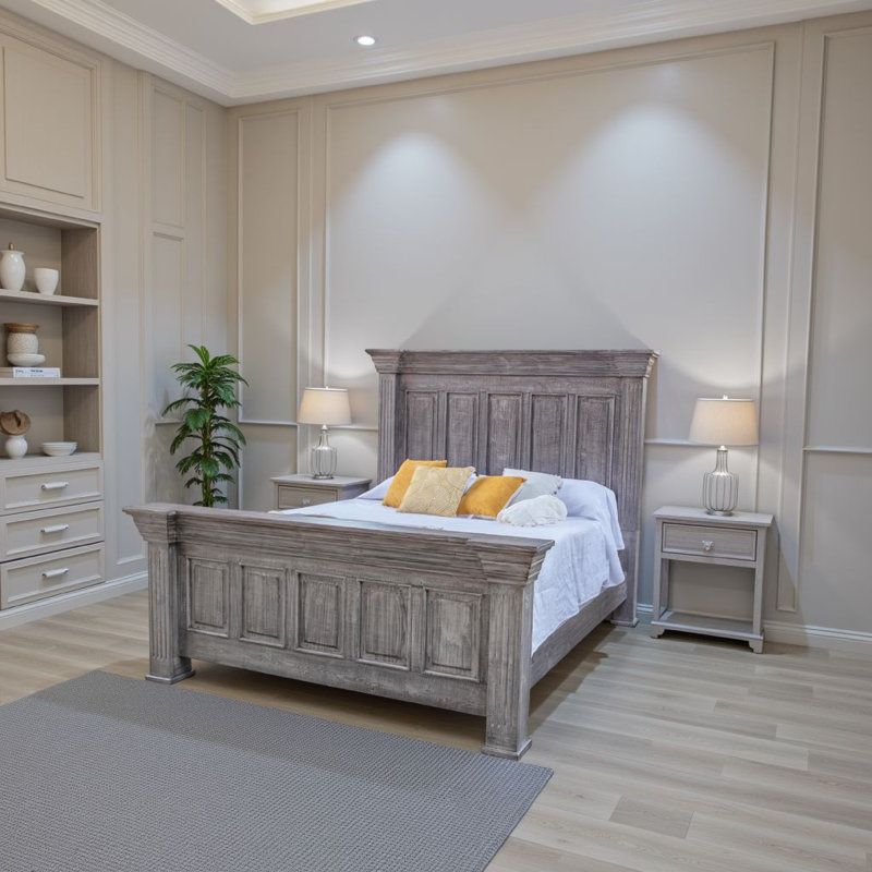 Siya Bed, Rustic Farmhouse Solid Pine Wood, Distressed Gray, Queen