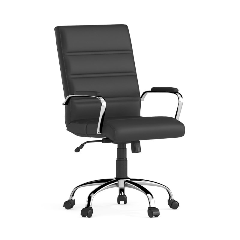 Whitney Ergonomic Upholstered Mid-Back Swivel Office Chair, Black Faux Leather, Chrome