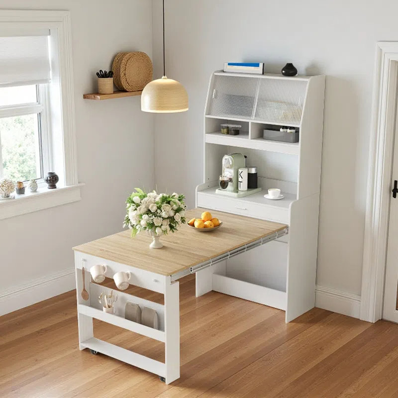 Garde-manger 69 po multifonctionnel avec huche et table de salle à manger pliable, Naturel / Blanc