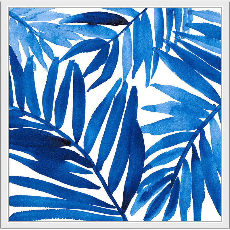 «Blue Palm Design I», reproduction de peinture à l'aquarelle, H 21,5 po x l 21,5 po x P 2 po, Cadre flottant blanc