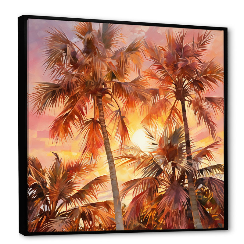 «Rose Radiance Sunset Palm Trees I», reproduction sur toile, Cadre flottant noir, H 16 po x l 16 po x P 1 po