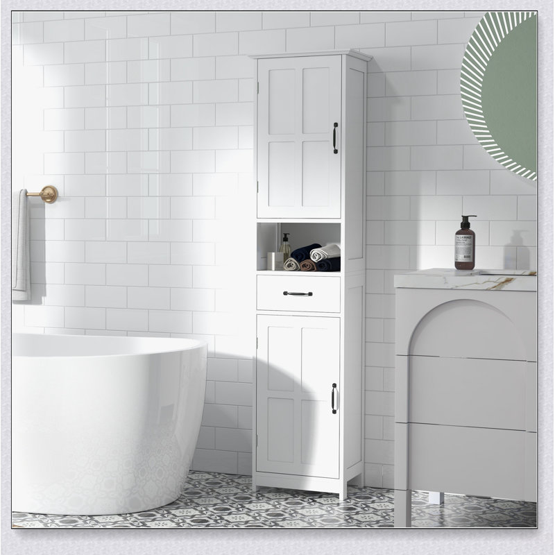 Armoire de rangement mince pour salle de bain avec tablette ouverte, tiroir et portes encastrées pour une organisation efficace et un gain de place