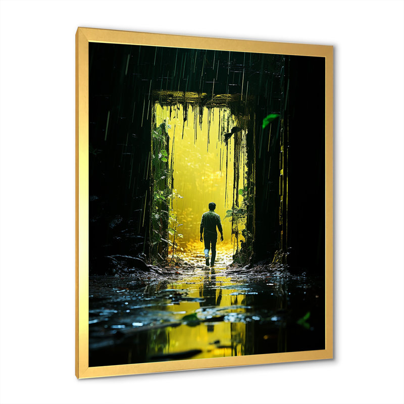 Mystic Flora Man Walking To Mystic Forest II - Abstract Landscape, art mural, Cadre photo doré simple