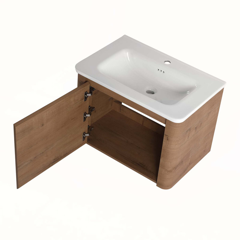 Meuble-lavabo mural 28 po avec lavabo en céramique blanche et porte à fermeture en douceur, design élégant et peu encombrant