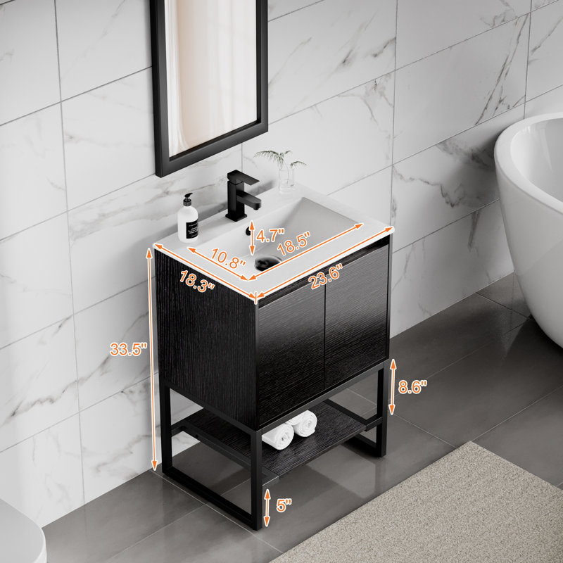 Ensemble de meuble-lavabo simple 24 po avec plateau en céramique Azai, tablette ouverte, structure en métal Azai, Black