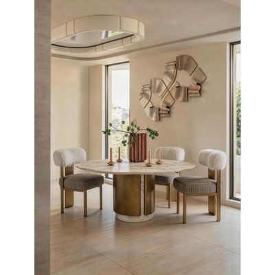 Luxury Four Seasons Pink Marble Round Dining Table with Stone & Metal Base, Modern Elegant Kitchen and Dining Room Table