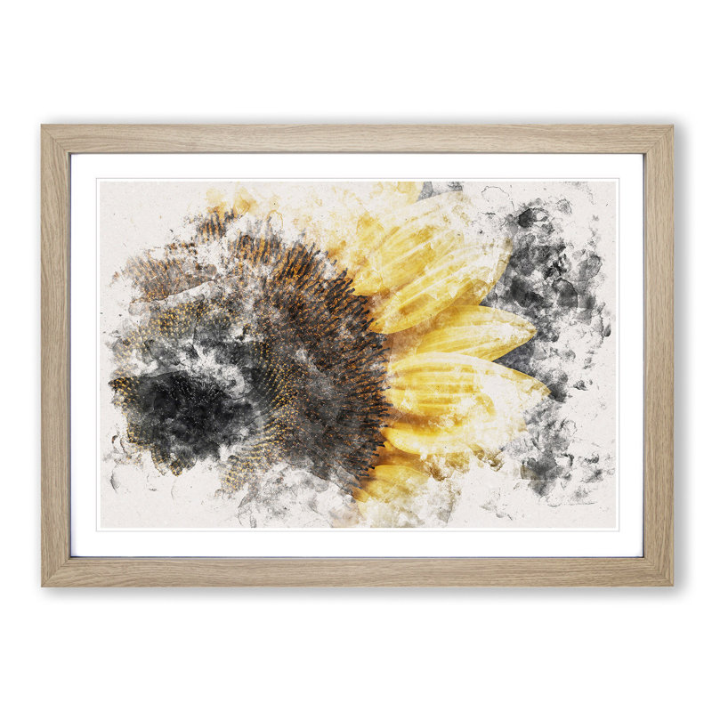 Yellow Sunflower Rising - Single Picture Frame Print on MDF, 45cm H x 63cm W x 2cm D, Oak