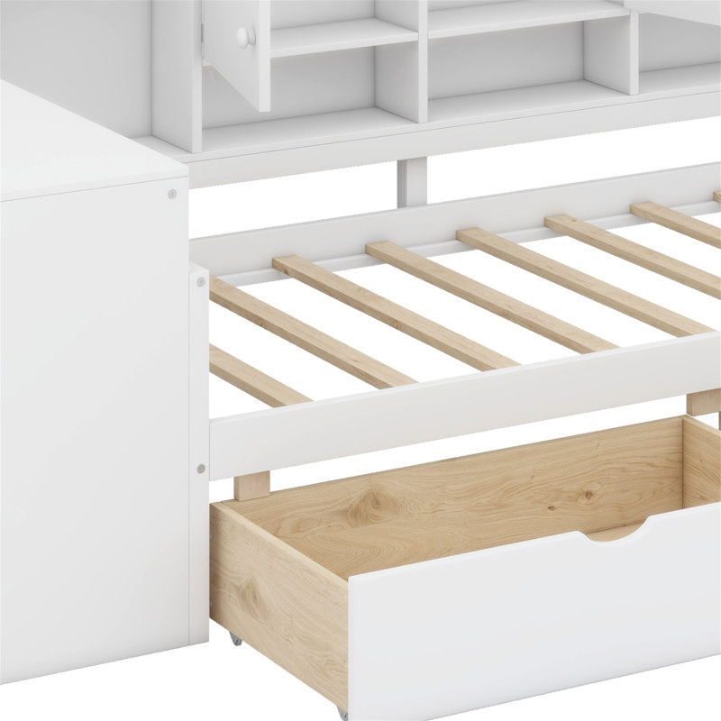Wooden L-Shape Daybed With Storage Cabinets And Two Storage Drawers, Multi-Functional Bed With Study Desk And Built-In Bookshelf
