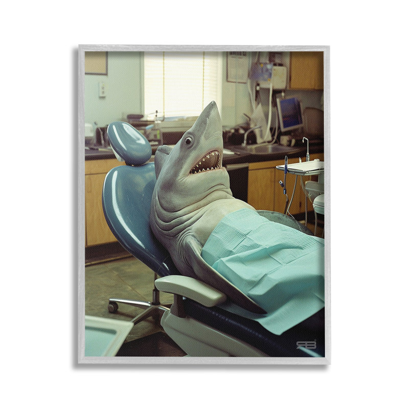 Bc-343_FG " Shark At Dentist " by RB, Farmhouse Gray Framed Giclee, 20" H x 16" W