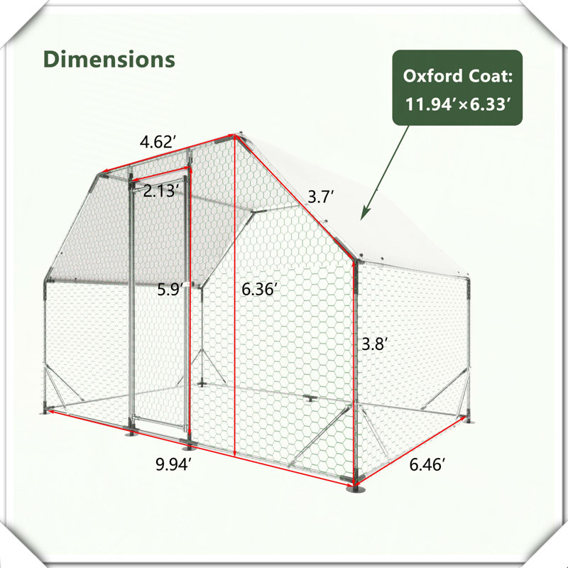 Grande cage imperméable en métal pour poulailler, H 76,32 po x l 119,28 po x P 77,52 po