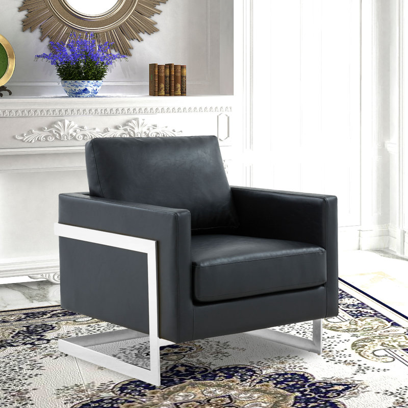 Lincoln Modern Leather Accent Chair with Stainless Steel Base – Contemporary Boxy Armchair, Single Seater Side Chair for Living Room, Bedroom, Office & Lounge