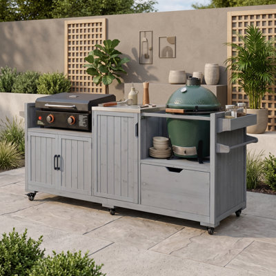 Chariot de cuisine d'extérieur avec plateau en acier inoxydable, tablettes réglables, roues verrouillables, support à épices et grand espace de rangement