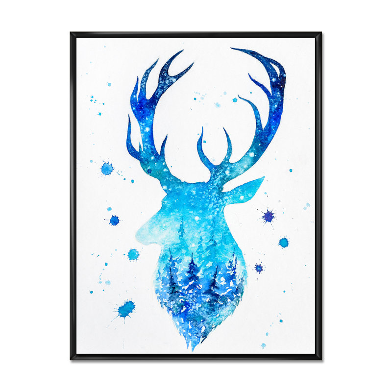 Tête de cerf bleu abstrait - Impression sur toile, H 12 po x l 8 po, Cadre flottant noir