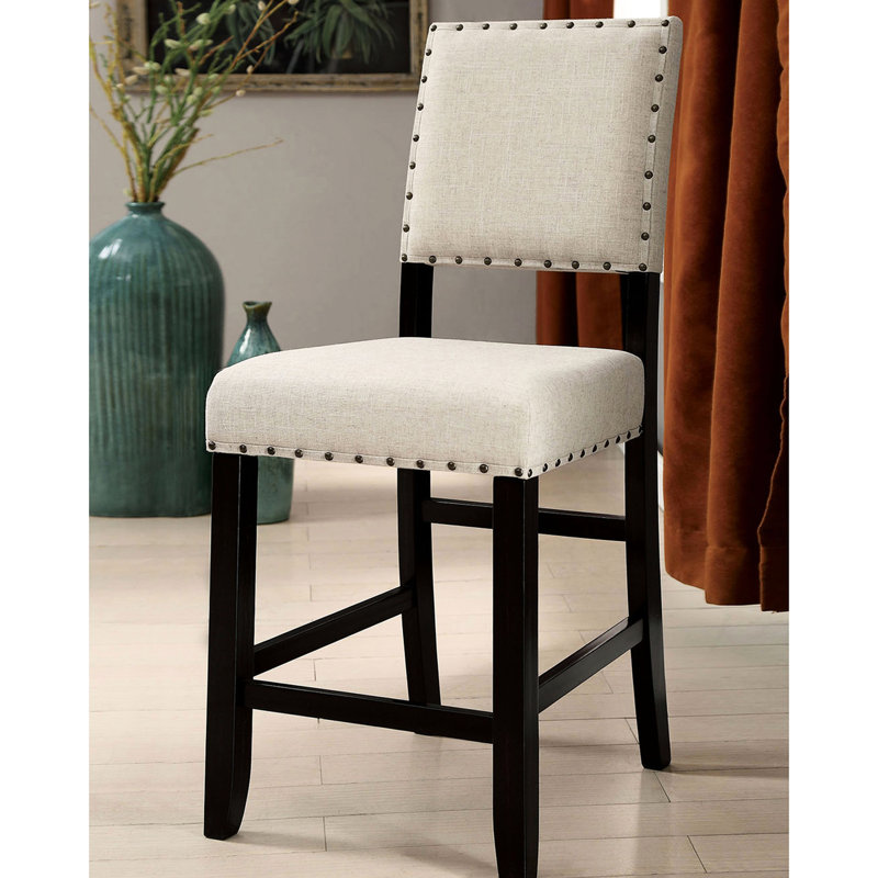 Rustic Beige Linen-Like Counter Height Chairs With Nailhead Trim, Of 2 And Antique Black Stylish Construction