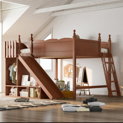 Queen Solid Wood Loft Bed with Shelves, Wardrobe and Detachable Slide & Ladder