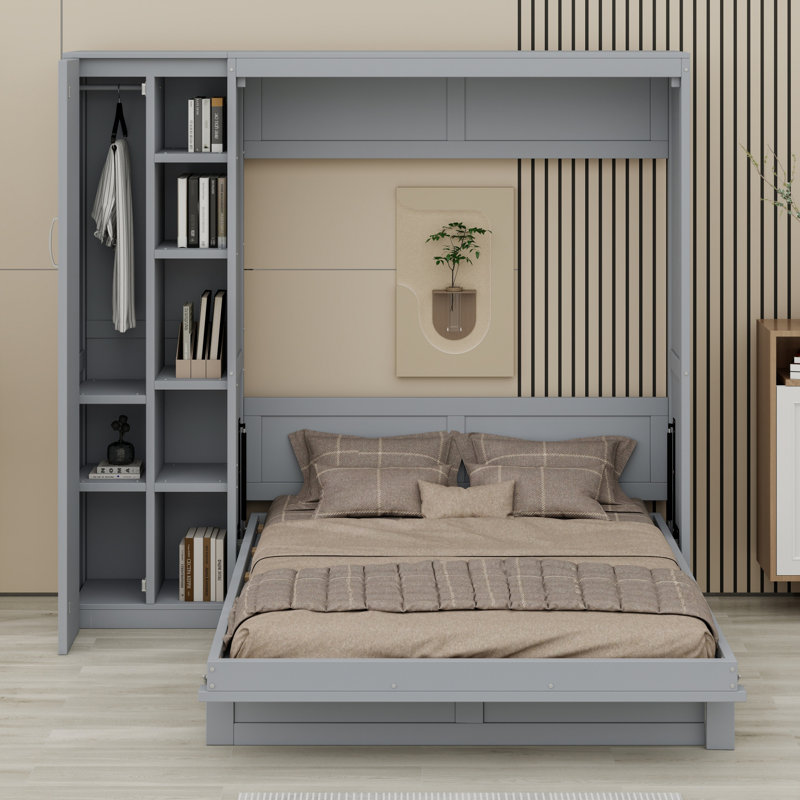 Lit escamotable mural Murphy avec tablettes, garde-robe et lumières DEL, gris, Lit double