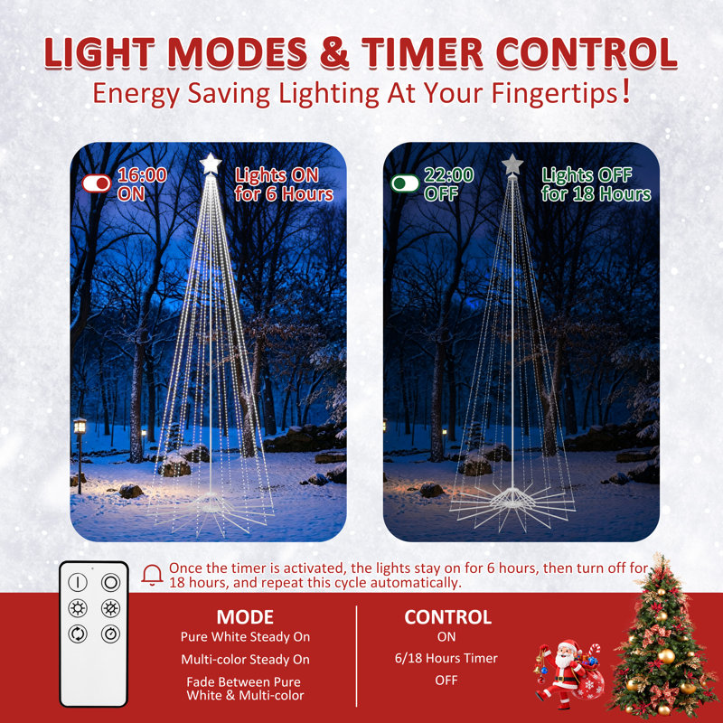 Guirlande lumineuse de 3,65 m (12 pi) en forme de cône de Noël, préilluminée avec 1183 DEL multicolores/blanches pour jardin, terrasse, marché