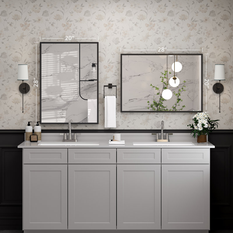 Molly Tempered Glass and Metal  Alloy Square-Corner Framed French Cleat Mounted Wall Bathroom / Vanity Mirror, 28" x 20"