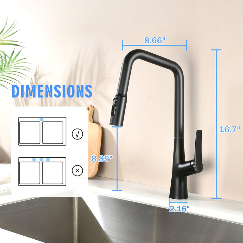 Professional Kitchen Faucet 3 Function 360 Sprayer One Touch Switching Fastconnect​, Matte Black