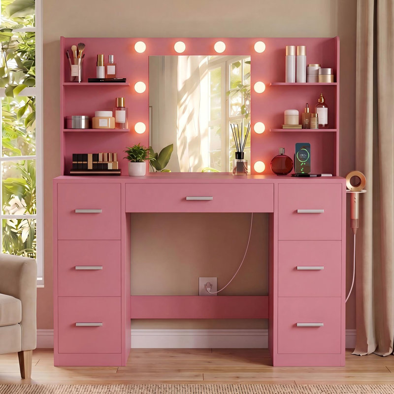 Coiffeuse de maquillage avec prise de courant rapide de type C de 20 W et 3 modes de luminosité réglables, Rose clair