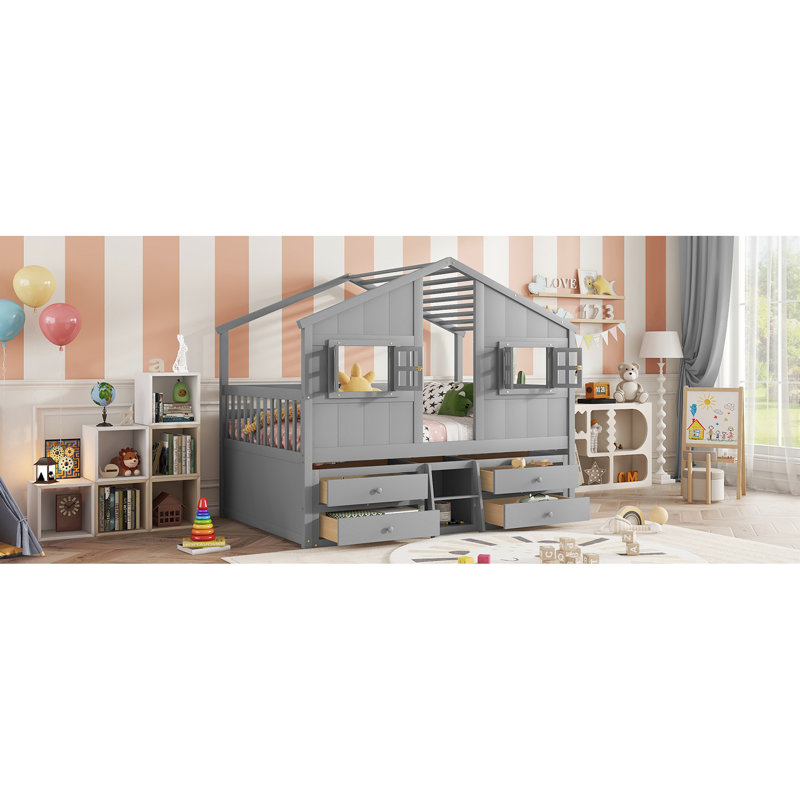 Lit mezzanine gris en pin avec fenêtres, 4 tiroirs de rangement, rails et toit décoratif