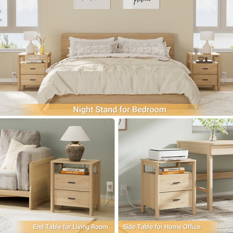 20" Large Nightstand Set of 2 with Charging Station, Solid Round Post Legs, 2 Drawers End Table with Open Shelf, Set of 2