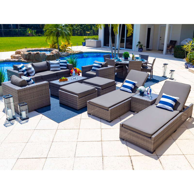 Ensemble de patio complet en rotin 16 pièces avec coussins Yussuf, Toile gris anthracite Sunbrella®