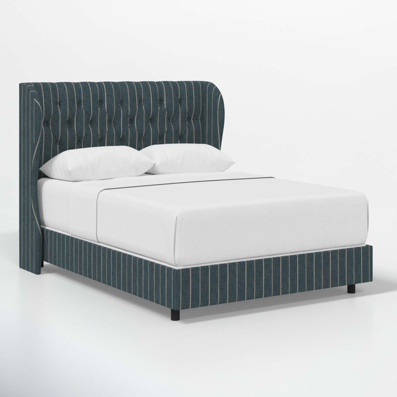 Tomey Upholstered Wingback Bed, King, Fritz Indigo Stripe