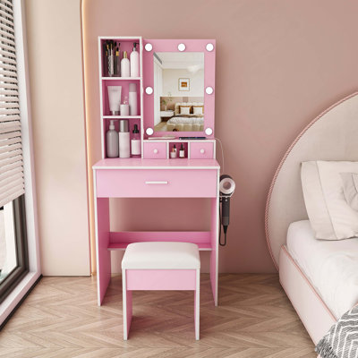 Table de coiffeuse avec miroir et lumières DEL réglables, prise de courant, support pour séchoir à cheveux et tabouret - coiffeuse compacte pour petites chambres (rose)