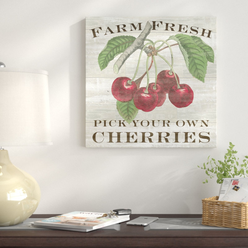 « farm cerises », impression sur toile tendue, H 18 po x l 18 po x P 1,5 po, Toile encadrée noire, Pas de tapis