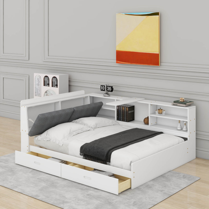 Lit plateforme double avec tête de lit, tablettes et tiroirs de rangement, Blanc