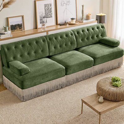 3-Seater Pet-Friendly Chesterfield Sofa, Velvet Fabric with Floor-Grazing Tassel Fringe Skirt & Button Tufted Design, Premium Wooden Base, Ergonomic for Living Room