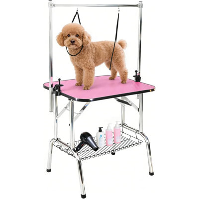Table de toilettage 36 po pliable pour animaux de compagnie, capacité de 330 lb, double bras en H réglable et corde de sécurité, plateau de table imperméable et antidérapant, plateau de rangement en filet pour tailler et sécher les chats, rose noir