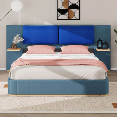 King Size Upholstered Platform Bed Frame, Modern Panel Headboard With Anti-Collision Rounded Corners, Solid Wood Slats