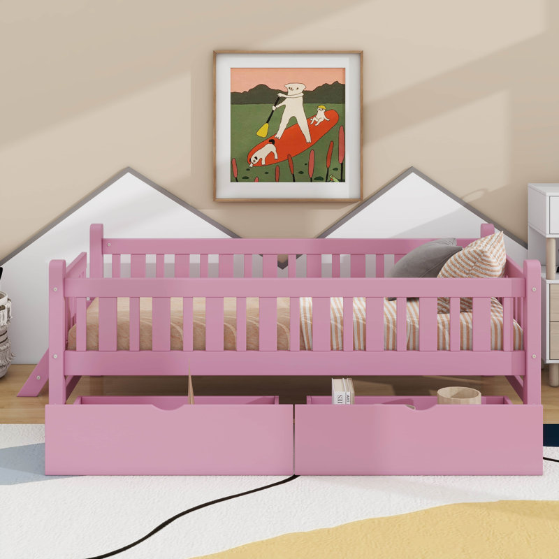 Lit plateforme en bois avec garde-corps et 2 tiroirs, Rose