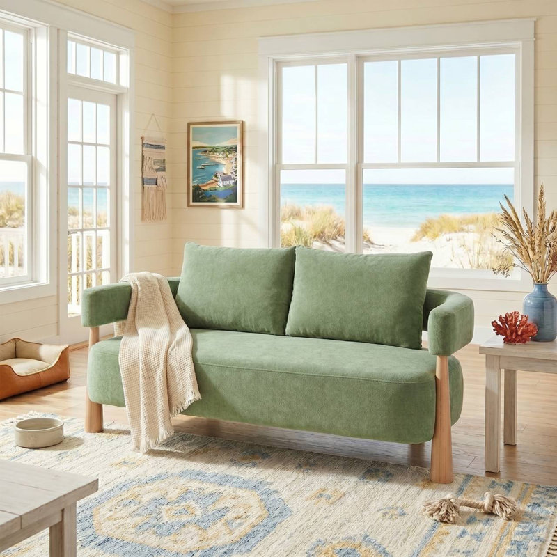 Causeuse moderne arrondie, tissu texturé vert, Vert