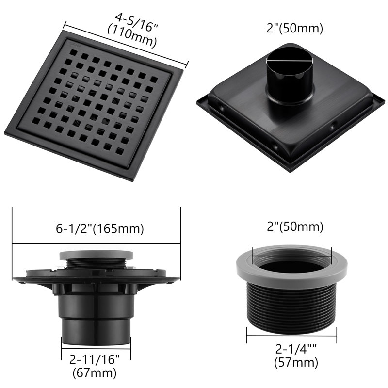 4.33'' Square Grid Shower Drain With Flange, Black