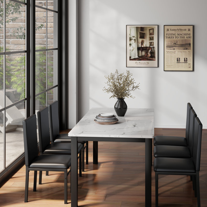 7 Piece Dining Table Set for 6, Marble Kitchen Table & PU Leather Chairs, Faux Marble Small Space Dining Table, White+Black, Living/Dining Room