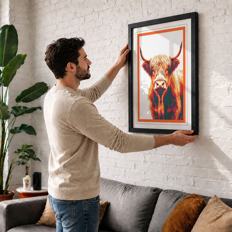 Highland Cattle Gaze Boho - Framed Print, Oak, A4 - 29.7 x 21.0 cm