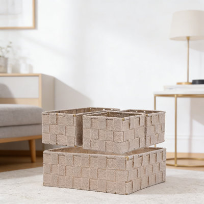 Stackable Woven Storage Bins With Lids And Metal Frame - 8-Piece Set Of Polypropylene Organizer Baskets For Closet, Shelf, Drawer, Nursery And Office