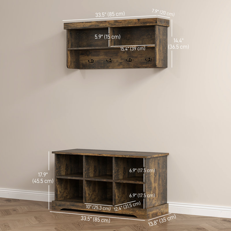 Coat Rack Shoe Bench Set with 8 Storage Cubbies, Rustic Brown