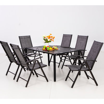 Ensemble repas de patio 7 pièces Alyah avec chaises de patio inclinables et pliables en aluminium