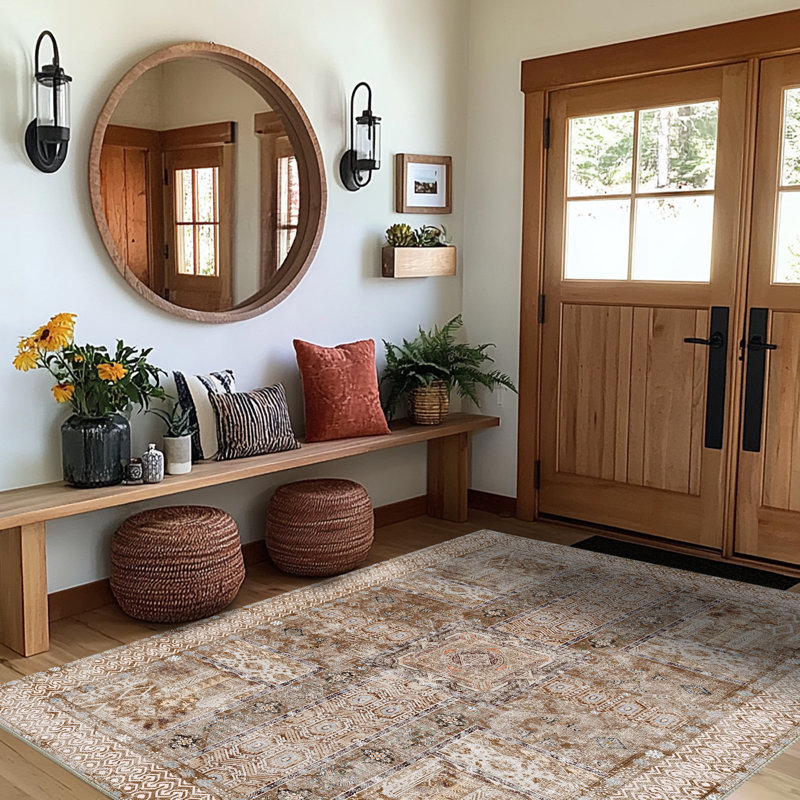 Tapis de salon brun clair de 6 pi x 9 pi Tapis lavable à la machine, tapis rétro antidérapant pour tapis de chambre à coucher, tapis Boho, tapis rétro patiné pour salle de classe, dortoir, salle à manger