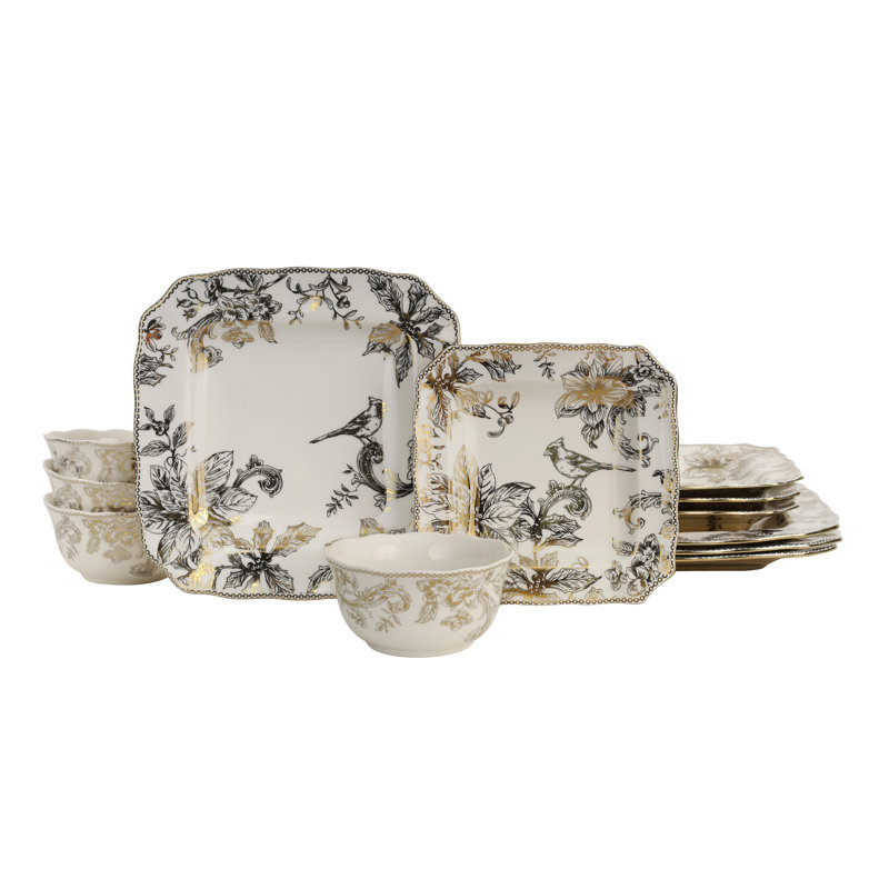 Ensemble de vaisselle 12 pièces 222 Fifth Christmas Lane Electroplate pour 4 élégantes assiettes et bols blancs avec motifs floraux dorés réfléchissants, ensemble de vaisselle en céramique pour les Fêtes, vaisselle de luxe pour offrir